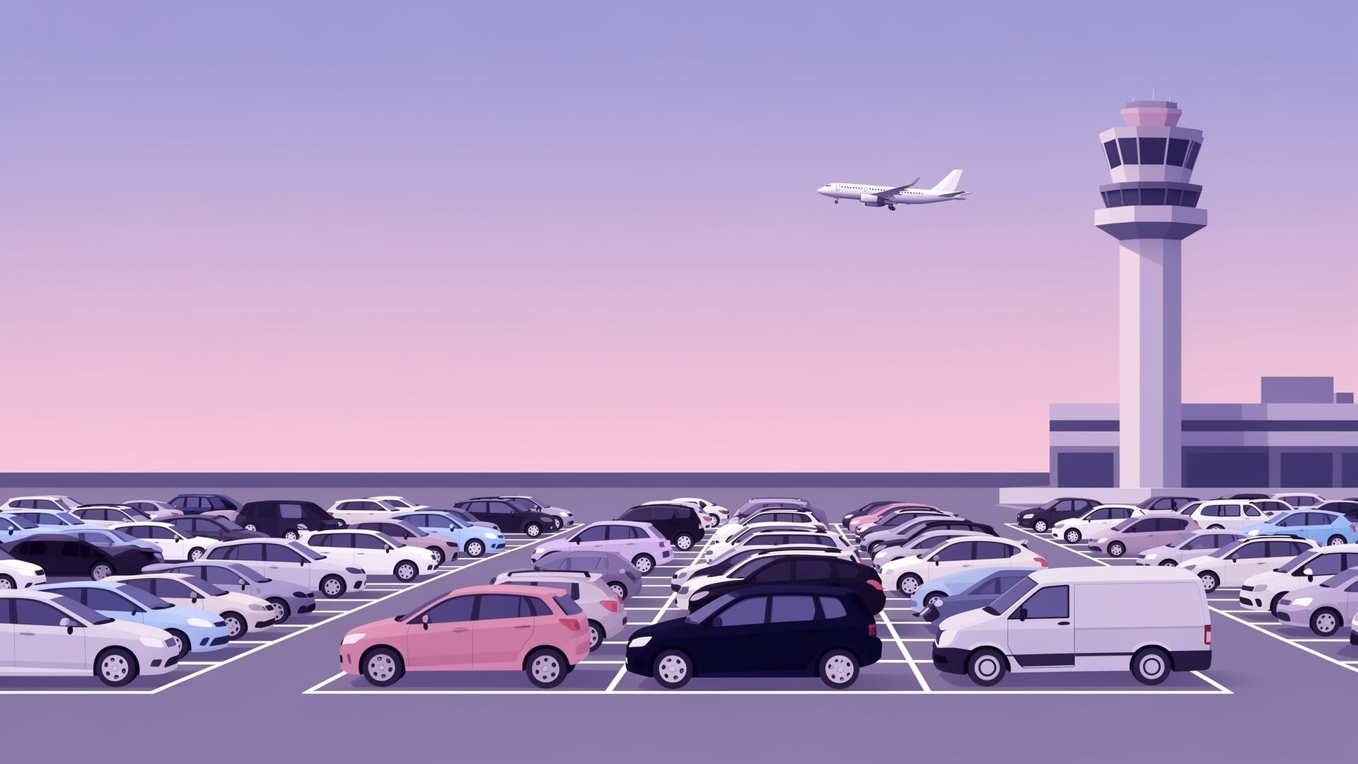 Parking de aeropuerto al atardecer con aviones al fondo